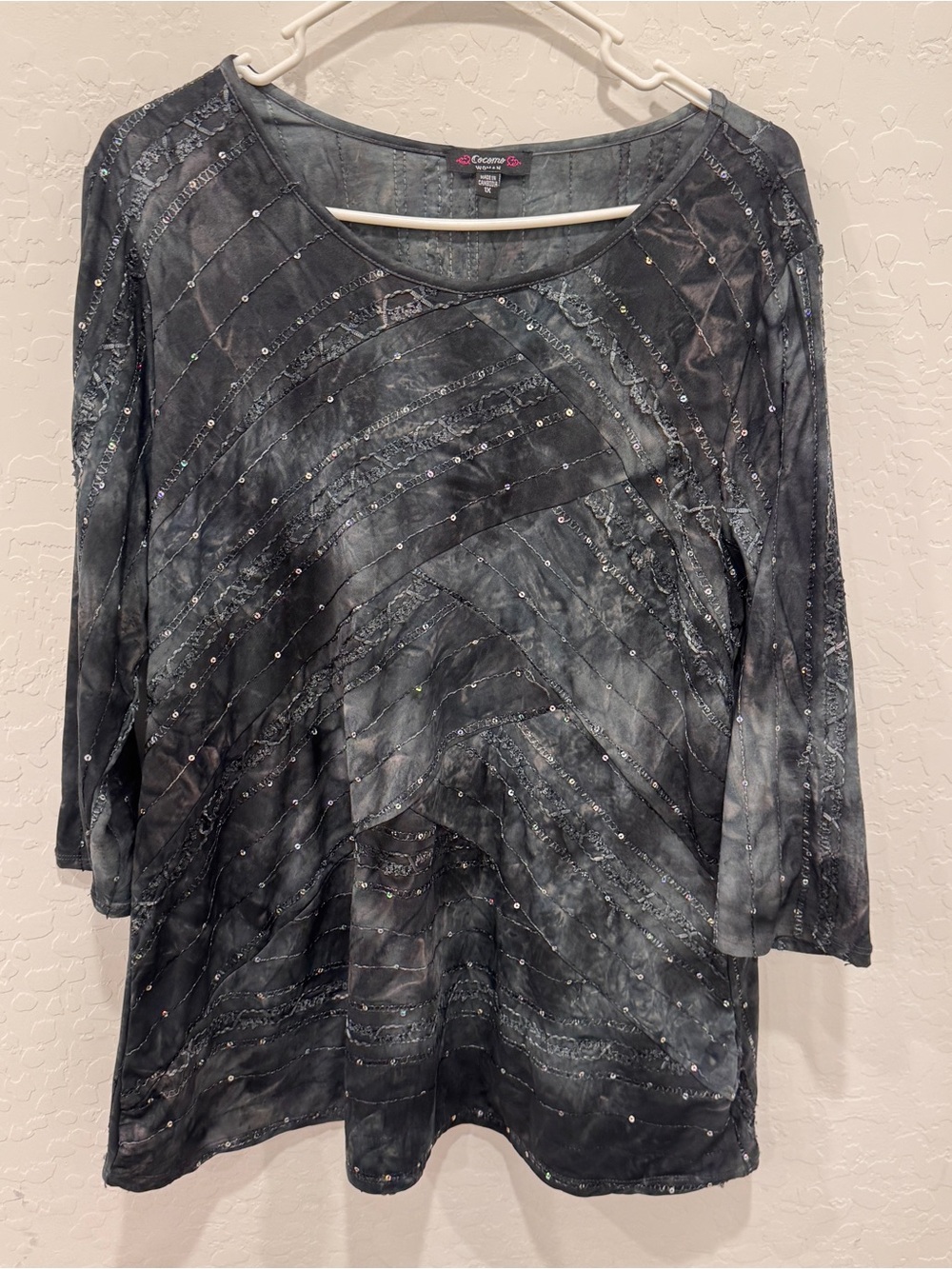 Cocomo Black Gray Tie-Dye Sequin Embellished Blouse Womens 1X Crazy Stitching